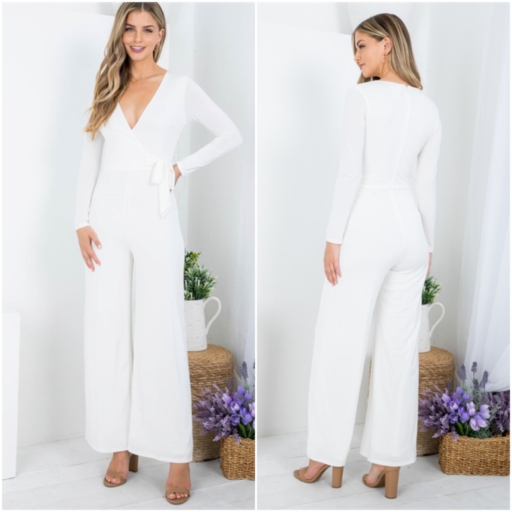 DEEP V-NECKLINE SURPLICE WITH SIDE BOW SQUARE WIDE LEG JUMPSUIT